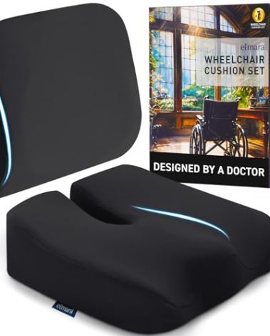 Elmara Doctor-Designed Wheelchair Seat Cushion Set – The Ultimate Comfort Solution – Thick Wheelchair Cushions Relieve Back & Sciatica Pain – Wheel Chair Cushions for Seniors, Wheelchair Pad (Black)