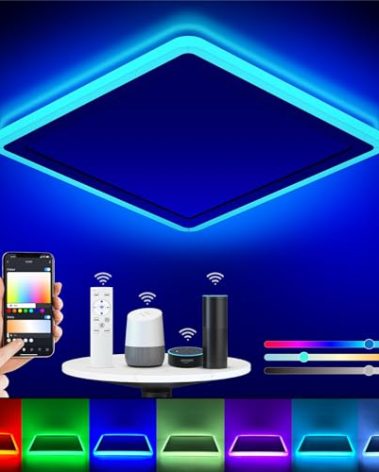 Annaror Smart LED Ceiling Light WiFi, 13in RGB Flush Mount Lighting Fixture with Remote, Compatible with Alexa Google Home, Low Profile Ceiling Light for Bedroom, Kitchen, Square White