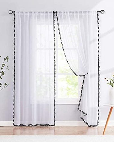 Treatmentex White Sheer Curtains Black Pompoms 63" inches Long Window Draperies for Boy's Room Bed Canopy 2 Panels Rod Pocket