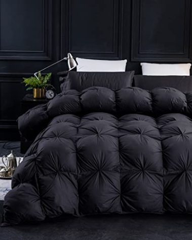 Three Geese Pinch Pleat Waterfowl Feathers and Down Comforter King Size Duvet Insert,750+ Fill Power,1200TC 100% Cotton, Premium All Seasons BlackGrey Comforter with 8 Tabs