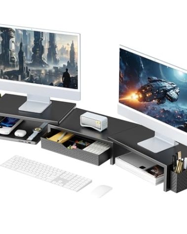 gianotter Dual Monitor Stand Riser, Desk Organizer With Drawer and 2 Pen Holders, Computer Monitor Stand, Shelf for Top of Desk, Black