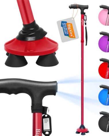 BigAlex Folding Walking Cane with LED Light,Pivoting Quad Base,Adjustable Walking Stick with Carrying Bag for Man/Woman (Alloy Base)