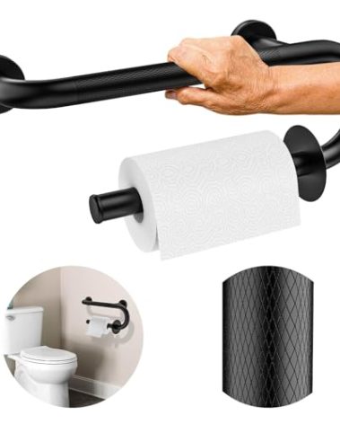 𝐔𝐩𝐠𝐫𝐚𝐝𝐞𝐝 Toilet Grab Bars 16 Inch - Toilet Paper Holder Grab Bar Stainless Steel Knurled Toilet Grab Bars for Seniors Bathtub Bathroom Rails for Elderly Bath Safety Balance Support, Black