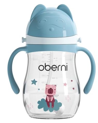 Oberni Leakproof Sippy Cups, Double Sealing No Spill Water Bottle with Weighted Straw and Non-Slip Handle for Toddler 1-3 Years, Tritan Baby Cups 12+ Months, 270ml/9oz (1Pack,Blue)