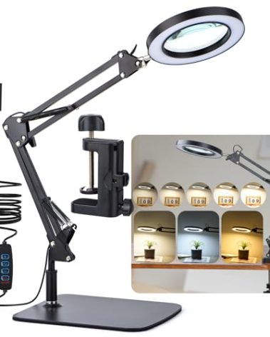 LED Magnifier Desk Lamp with Stand and Clamp, 3 Color Modes & Stepless Dimming 5-Diopter Glass Lens, Adjustable Swivel Arm - Magnifying lamp for Close Work, Repair, Crafts, Reading