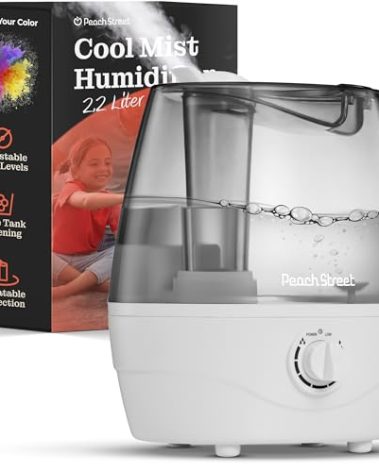 Cool Mist Humidifier - 2.2L Water Tank, for Bedroom, Baby, Quiet Ultrasonic Air Vaporizer, Adjustable Mist Level, 360 Nozzle Rotation, Auto-Shut Off, Large Area Humidifiers Easy Fill and Clean (Grey)