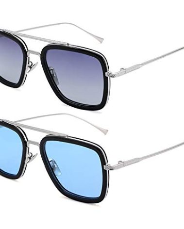 NULOOQ Tony Stark Polarized Sunglasses for Men – Women Vintage Aviator Square Metal Frame Iron Man Edith Glasses 50mm (Silver/Blue + Silver/Gradient Gray) - 2 Pack