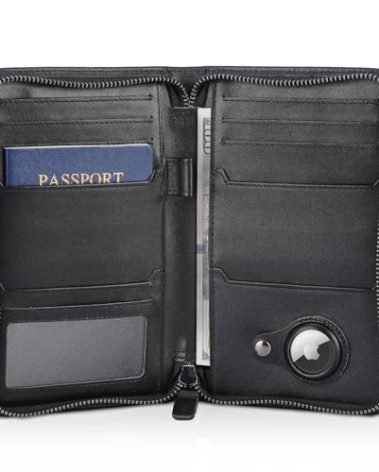 Polare Full Grain Leather Passport Holder Cover Case for Men RFID Blocking Travel Wallet Holds 4 Passports (Black with AirTag Slot)