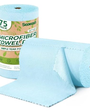 SOOWASH Microfiber Cleaning Cloths Roll, 75 Pack Tear Away Microfiber Towels Roll, 12" x 12" Lint Free Rags, Reusable Cleaning Cloths, Washable, Scratch Free,Ultra Absorbent Dish Rags(Blue)