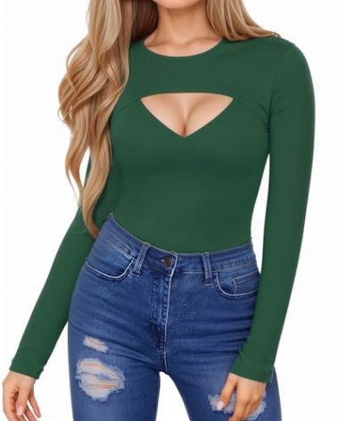 HERLOLLYCHIPS Womens Long Sleeve Tops Cut Out Front Ribbed Fitted Sexy Casual Dressy Fall Tee T-Shirts Tshirt (Deep Green, X-Large)