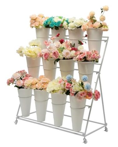 Moforchory flower bar stand, flower display stand with 12 buckets, 3 Layers Flower Cart White Metal Flower Bar Stand with Wheels, Moving Florist Bouquet Shelf for Indoor Outdoor Patio Garden Weddings Florist Living Room
