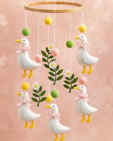 Vicenpal Silly Goose Baby Mobile for Crib Pink Nursery Decor Silly Goose Baby Stuff Felt Nursery Mobile for Girl Crib Neutral Wooden Handmade Hanging Decor