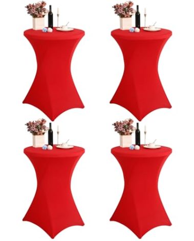 4 Pack 32x43 Inch Spandex Cocktail Table Covers, Fitted High Top Table Covers for Round Tables, Square Corners Cocktail Table Tablecloth for Wedding Bar Cocktail Party Banquet Birthday (4pc Red)