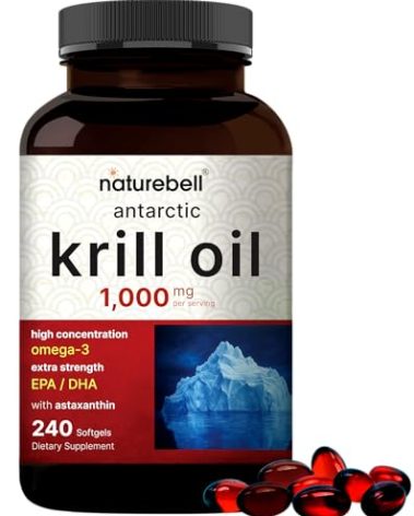 NatureBell Antarctic Krill Oil 1000mg Supplement, 240 Softgels, Natural Source of Omega-3s, EPA, DHA and Astaxanthin - No Aftertaste - Support Heart Health, Mercury Free & Non-GMO