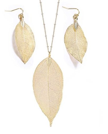 BOUTIQUELOVIN Gold Leaf Necklace Earrings Set for Women Long Tassel & Feather Boho Necklaces Large Costume Accessory aspen leaf jewelry