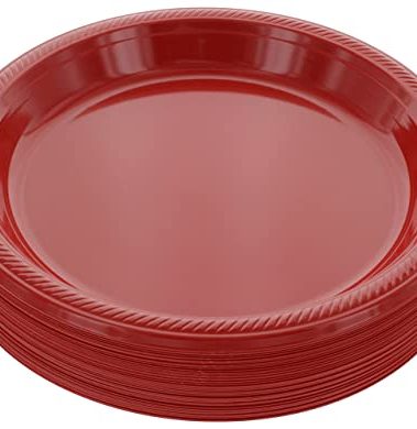 Amcrate Disposable Red Plastic Dinner Plates, 10.4 Inches, Strong and Sturdy for Party, Holiday, Picnic, or Travel - Pack of 50