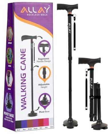 Allay Walking Cane for Men & Women - Foldable, Adjustable, Collapsible Walking Canes for Seniors Balance, Free Standing, Pivot Tip, Heavy Duty, with Travel Bag | Walking Sticks for Seniors - Black