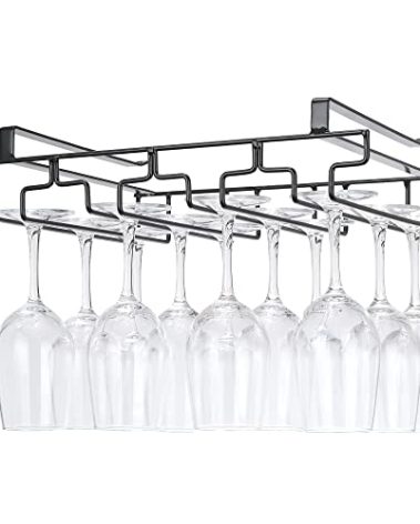 Wine Glass Rack Under Cabinet Drilling Free No Screw Steamware Holder Under Shelf Metal Wine Glasses Holders 304 Stainless Steel Hanger Storage Organizer Hanging Glass Fit for Bar Kitchen 4 Rows Black