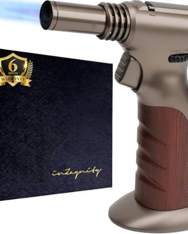 Dual Flame Butane Torch - Refillable Handheld Blow Torch for Cooking, Soldering, & Resin Art w/Adjustable Flame & Ignition Lock - Kitchen Blow Torch & Luxurious Gift Box by inZaynity - Brown Steel