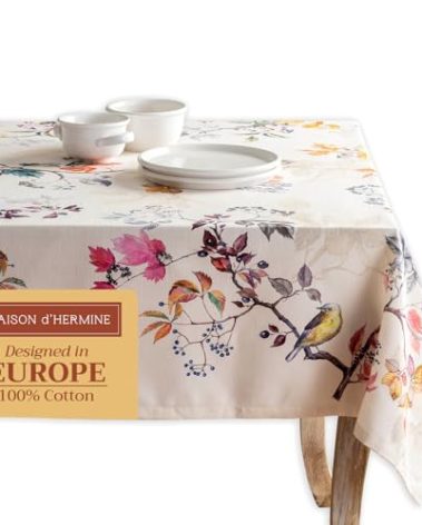 Maison d' Hermine Table Cloth Rectangle Table 100% Cotton 60 x 90 Inches Fall Tablecloth Reusable Everyday Use for Thanksgiving Christmas Decorations Dining Farmhouse Party (Equinoxe - Beige)
