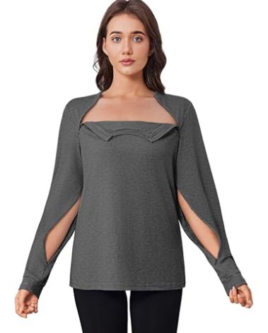 Deyeek Chemo Shirts for Port Access Women Chemotherapy Must Haves Tear Away Side Zippers Long Sleeve Post Shoulder Surgery Shirt M