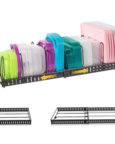 Expandable Food Container Lid Organizer,Large Capacity Adjustable 8 Dividers Detachable Lid Organizer Rack for Cabinets, Cupboards, Pantry Shelves, Drawers Keep Kitchen Tidy,Black 10.2”wide,3.6 Pound.