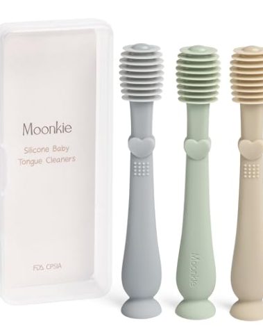 Moonkie Baby Tongue Cleaner, Toddler Toothbrush, Baby Oral Cleaner Newborn Kit for 3 Months+, 3 Pcs (Blue/Mint/Sand)