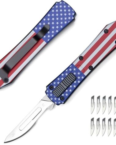 Automatic Utility Knife,All Metal Construction Carbon Stainless Steel Blade,Box Cutter Quick Change Retractable,EDC Push Button with Clip,10PCS #23 Blades Replacement,Stars&Stripes