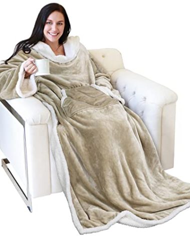 Catalonia Sherpa Wearable Blanket with Sleeves Arms, Super Soft Warm Comfy Large Fleece Plush Sleeved TV Throws Wrap Robe Blanket for Adult Women and Men