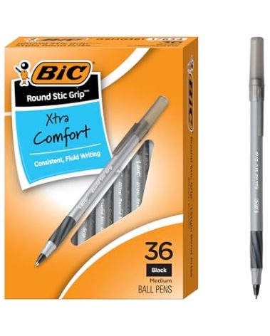 BIC Round Stic Grip Xtra Comfort Black Ballpoint Pens, Medium Point (1.2mm), 36-Count Pack, Perfect Writing Pens With Soft Grip for Superb Comfort and Control