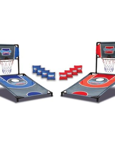 Cornhole Shootout Sports Basketball Net Cornhole Board Set, Basketball & Cornhole in One, Includes 8 Red/Blue Bean Bags, Convenient Carrying Case, Tailgating Fun