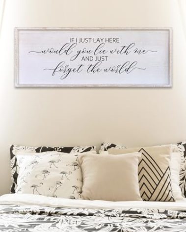 Surfapans If I Lay Here Would You Lie With Me Wall Decor Sign 40”X15” Master Room Bedroom Above Bed Large Farmhouse Inspirational Quotes Minimalist Wood Framed Over Bed Wall Art Decoration (White)
