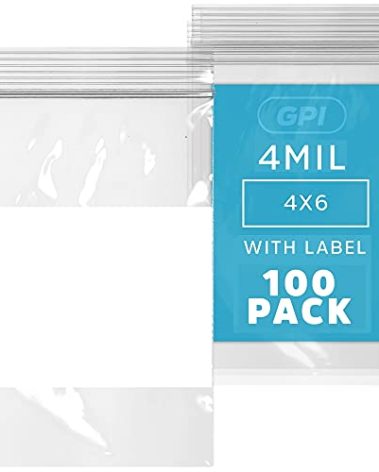 GPI - 4" x 6" - Bulk Pack of 100, 4 Mil Thick, Heavy Duty, Clear Plastic Reclosable Zip Bags, With Write-on White Block for Labeling, Strong & Durable Poly Baggies With Resealable Zipper Top Lock.
