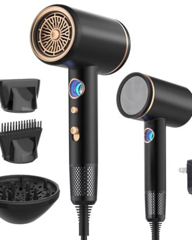 Fast-Drying Ionic Hair Dryer,1875 Watt High-Speed Ionic Blow Dryer with Diffuser/Concentrator/Comb Nozzle,LED Temp Display,Intelligent Temp Control,Low Noise for Home Salon Travel (Black)