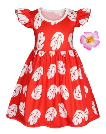 Benylion Hawaiian Dress for Toddler Girls Red Leaf Dress Sun Dress With Flower Hair Clip Halloween Christmas Costumes Size 9-10 Years