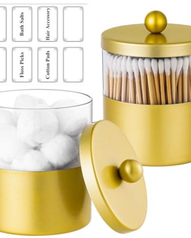 Gaussra Gold Qtip Holder, Apothecary Jars - Stainless Steel Bathroom Jar with Stickers - Farmhouse Decor Qtip Dispenser for Qtips, Cotton Balls, Swabs, Makeup Sponges (2-Pack)