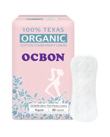 OCBON Ultra Thin Sanitary Pantyliners (Regular, 6.1 inch, 40 Counts) - Ultra Thin, Unscented 100% Organic Cotton Panty Liners for Women. Chemical-Free, Extra Soft, Ideal for Sensitive Skin