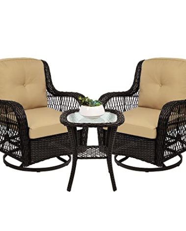 Best Choice Products 3-Piece Outdoor Wicker Patio Bistro Set w/ 2 360-Degree Swivel Rocking Chairs and Tempered Glass Top Side Table - Beige