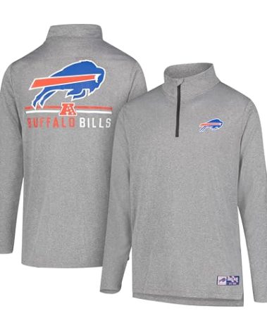 Ultra Game NFL Men's Super Soft Quarter Zip Long Sleeve T-Shirt, Buffalo Bills, Heather Gray, Large