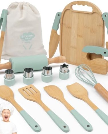 Wooden Kids Cooking Set Montessori Kit - Real Toddler Kitchen Tools & Baking Utensils - 15PCS Cooking Kit for Kids with Storage Bag, Great Gift for Pretend Play & Montessori Learning (Green)