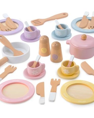 Frogprin 30 PCS Wooden Toy Plates and Dishes for Kids, Play Kitchen Accessories Set, Pretend Play Food Sets for Children Kitchen, Montessori Toys for Girls and Boys