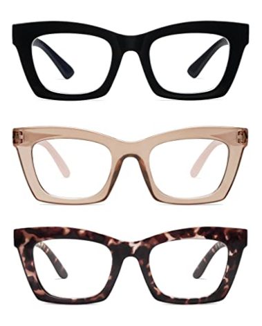 AMOMOMA 3 Pack Trendy Oversized Blue Light Stylish Readers for Women,Retro Square Cute Sturdy Computer Womens Reading Glasses AM6042 Black+Brown+Purple Tortoise 1.0