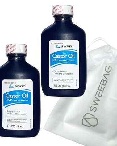 Sweebag SWAN Castor Oil USP 100% Stimulant Laxative for Relief of Occasional Constipation 4 Fl Oz (Pack of 2) Plus Bag Strong and Waterproof