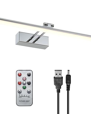 HOWMZON Battery Picture Light, 16 inch Wireless Picture Light for Painting with Remote,Full Metal Rechargeable Art Light,Wall Sconce Display Lighting for Portrait, Photo Frame,Gallery, (Chrome)