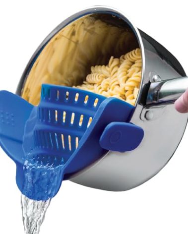 Kitchen Gizmo Snap N' Strain - Silicone Clip-On Strainer for Pots, Pans, and Bowls - Heat-Resistant Kitchen Gadgets, Essential Colander Drainer for Vegetables and Pasta - 7.87x2.76x4.53-Inch (Blue)