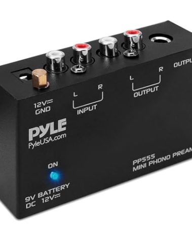 Pyle Phono Turntable Preamp - Mini Stereo Preamplifier with 9V Battery - 12V DC Power Adapter - RCA Input/Output - Low Noise - Ideal for Phonograph and Vinyl - PP555