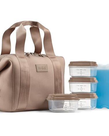 Fit & Fresh Remi Neoprene Lunch Bag For Women - Meal Prep Kit with Containers & XL Ice Pack, Self Insulating Neoprene-like Material, Machine Washable Lunch Bag, Tear-Resistant, Stain-Resistant, Taupe