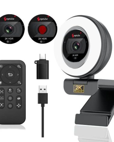 Angetube Webcam, 2K Streaming Webcam with Ring Light, HDR Laptop Camera with Remote, Dual Stereo Microphone and Privacy Cover, Auto Focus 5X Zoom in, Computer Camera for Zoom/Skype/Teams/Webex