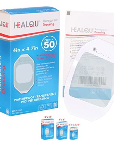 Transparent Film Dressing 4" x 4.75" (50 Pack) – Waterproof Adhesive Wound Bandages for Post-Surgical Shower, IV Shield, Tattoo Aftercare, Clear Breathable Dressing Patches by HEALQU