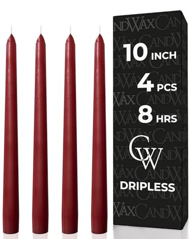 CANDWAX Burgundy 10 inch Taper Candles Pack of 4 - Unscented Dripless Burgundy Candlesticks - Perfect as Christmas Decorations and Home Decor for Dinner Table Centerpieces - Christmas Taper Candles